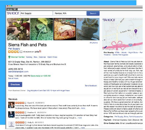 Yahoo listing for Sierra Fish and Pets. Includes photos, reviews, map, contact info, and business details.