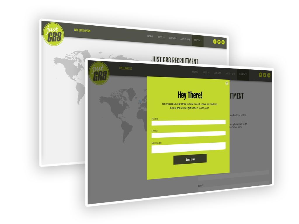 Two website mockups; one with signup form, green and white theme.