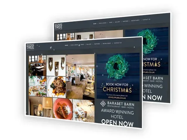 Two website mockups with a Christmas promotion for Daraset Barn, an award-winning hotel and restaurant.