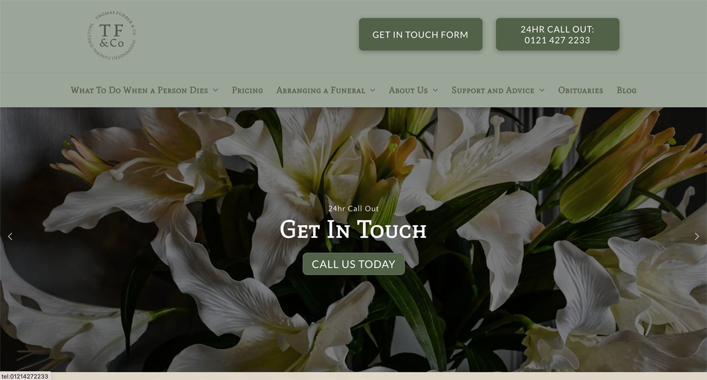 Website homepage featuring a bouquet of white lilies, with