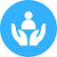 White hands cradling a person silhouette, inside a blue circle.