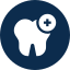 Tooth with a plus sign, in a dark blue circle, dental care.