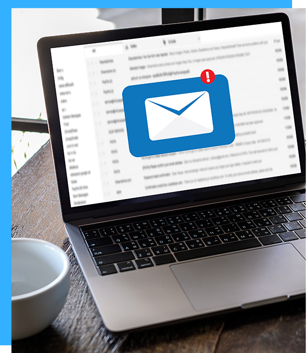 Laptop displaying an email inbox, a blue envelope icon with a red notification.