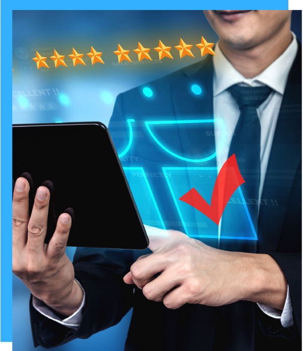 Man in suit holding tablet with five-star rating and a checkmark graphic.