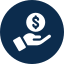 Hand holding a coin with a dollar sign, in a blue circle.