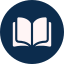 Open book icon in a dark blue circle.