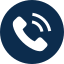 White phone icon with sound waves on a dark blue background.