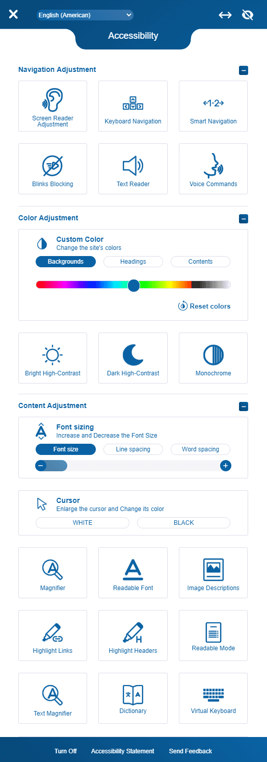 Accessibility settings menu with navigation, color, and content adjustment options.