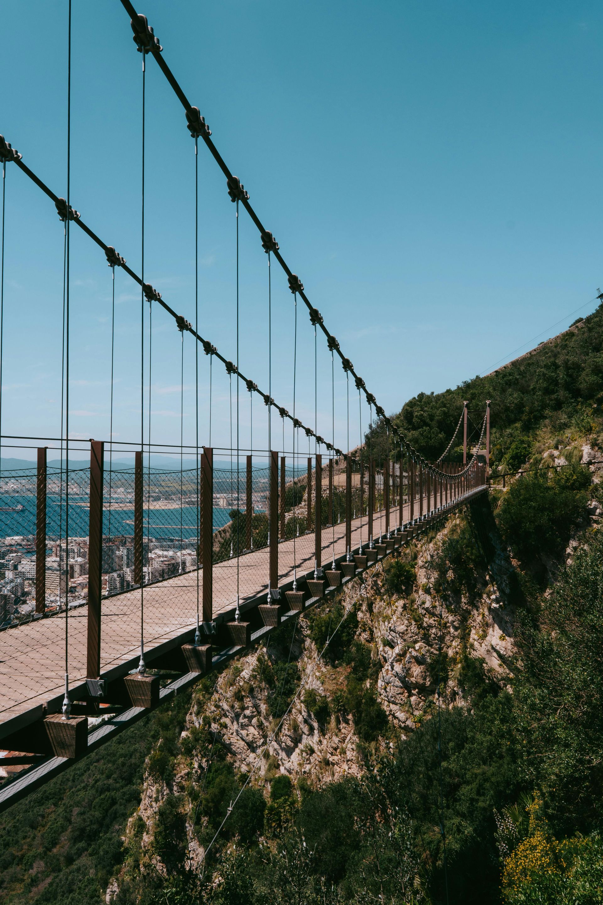 A long suspension bridge with wooden planks and glass railings stretches across a steep, green mountain slope.