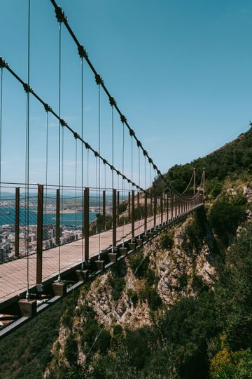 A long suspension bridge with wooden planks and glass railings stretches across a steep, green mountain slope.