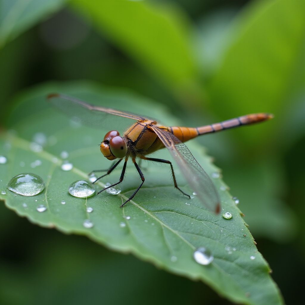 A brown dragonfly rests on a green leaf covered in small water droplets.