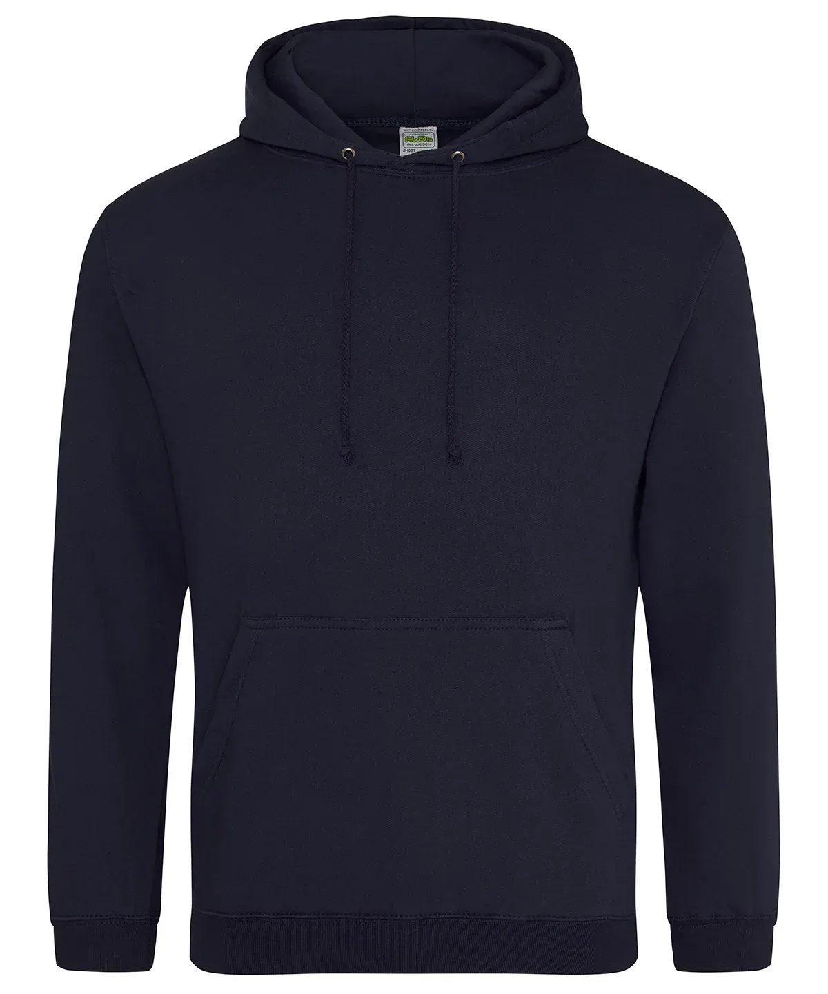 A navy blue long-sleeved hooded sweatshirt with a front kangaroo pocket and drawstring cords.