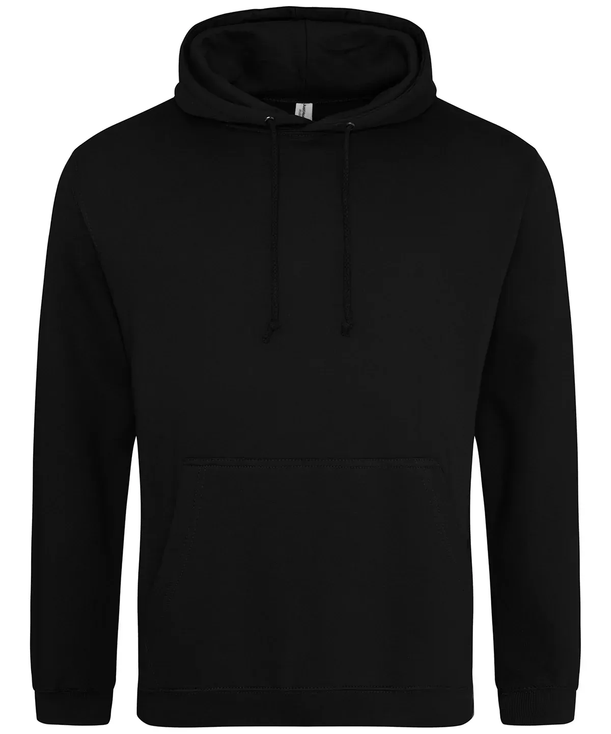 A plain black long-sleeved hooded sweatshirt with a front kangaroo pocket and matching drawstring cords.