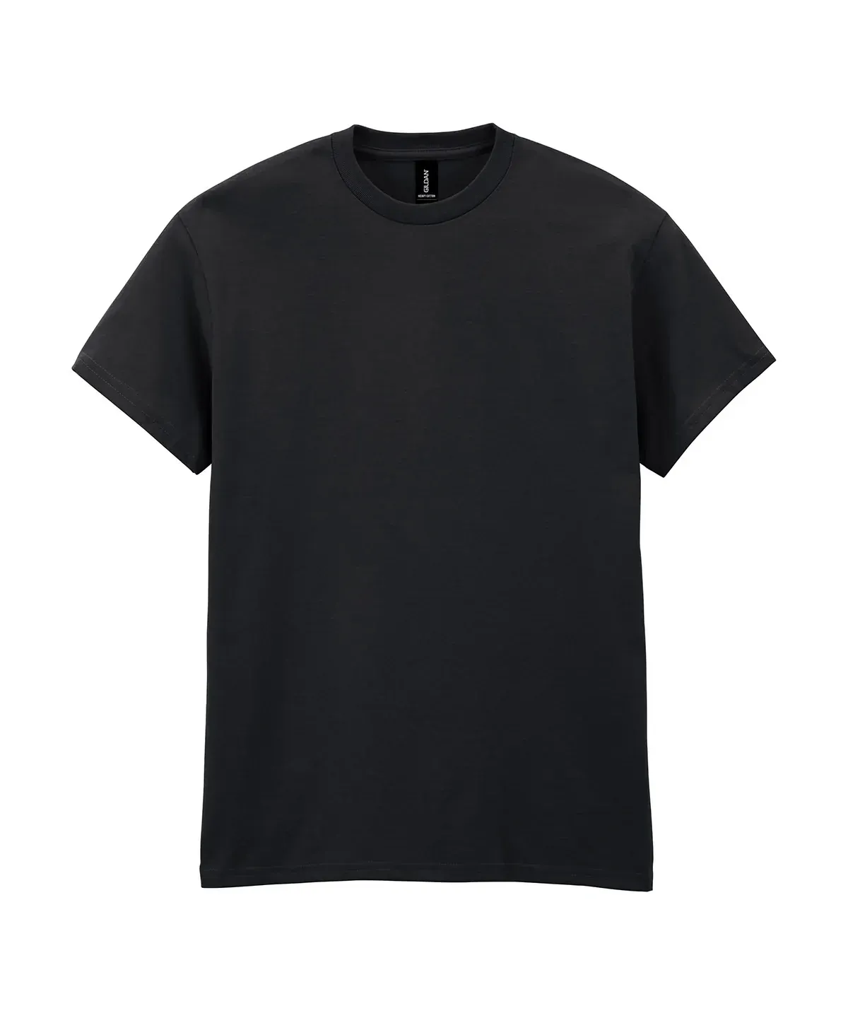 A plain, black crew-neck t-shirt shown against a white background.