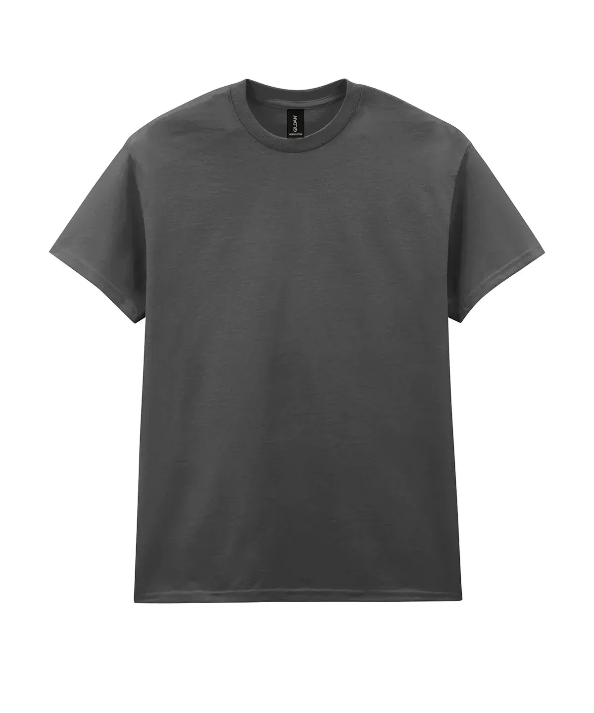 A plain charcoal gray short-sleeved crew-neck t-shirt on a white background.