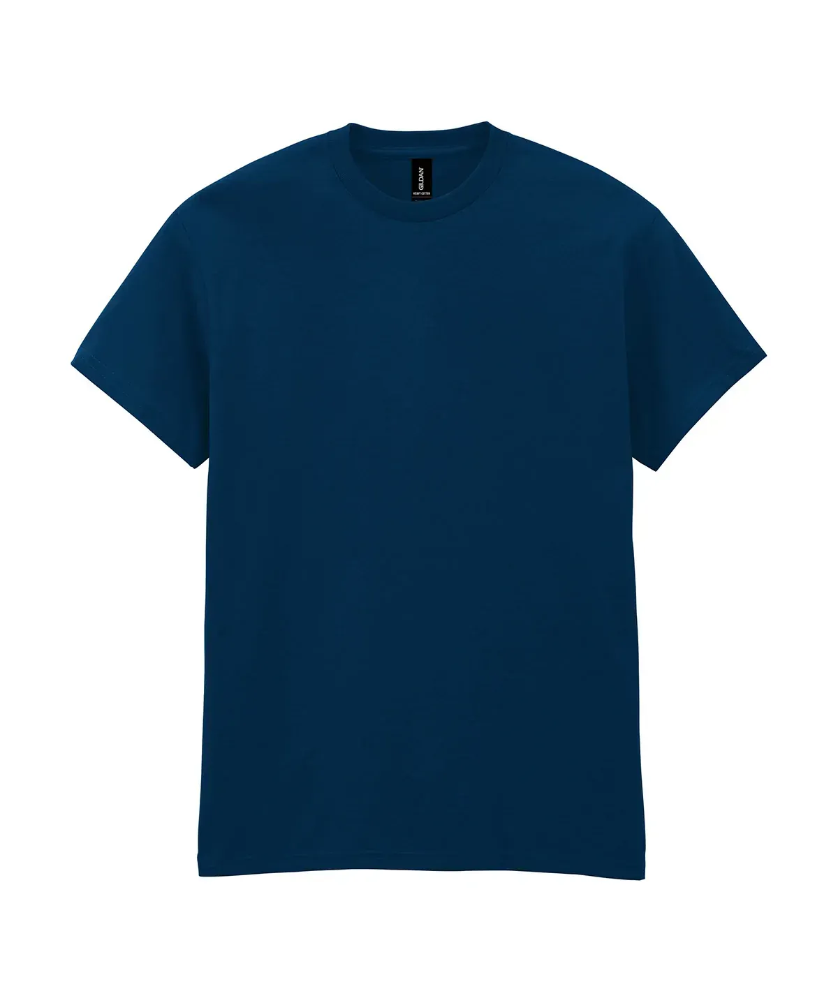 A plain, dark blue short-sleeved crew neck t-shirt displayed against a white background.