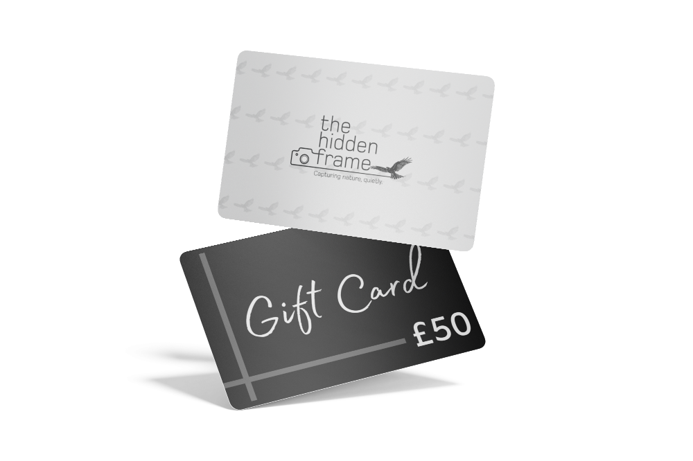 Two stacked gift cards, one light grey with a logo and one black with 