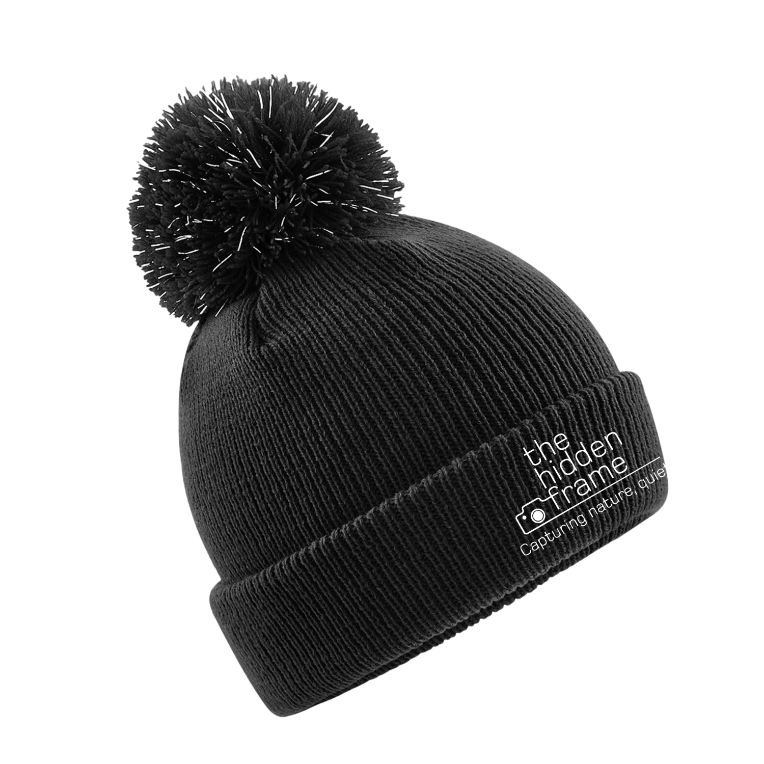 A black knit pom-pom beanie with a white branded logo for