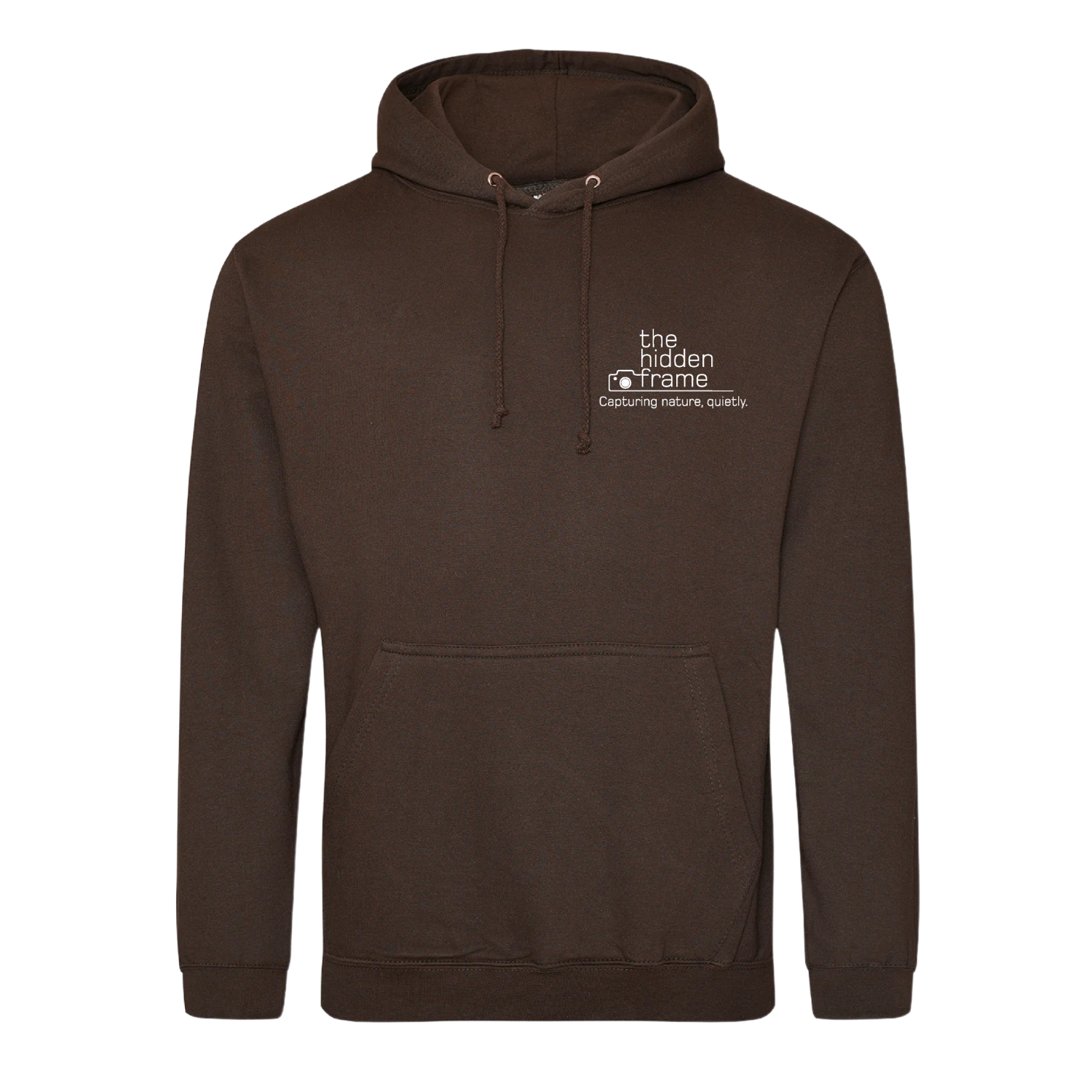 A chocolate brown hooded sweatshirt with white text on the upper left chest featuring the brand logo and text.