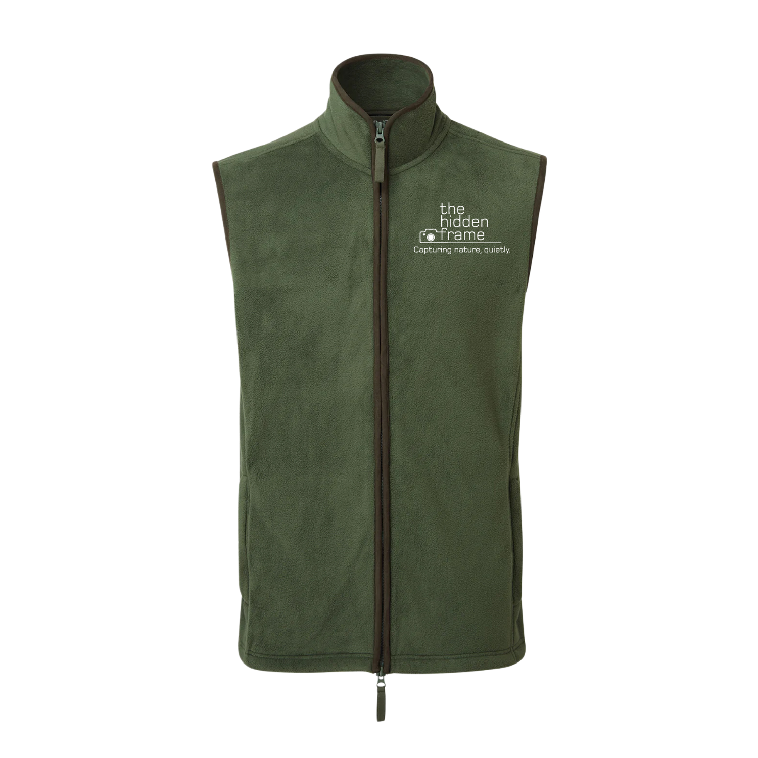 An olive-green fleece vest with a full-length zipper and a white embroidered logo on the upper chest.