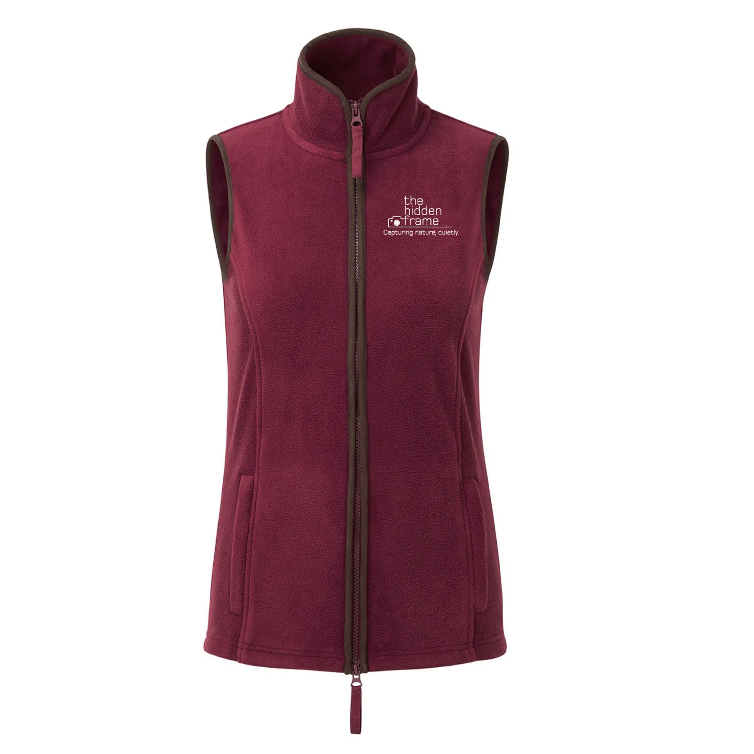 A maroon, sleeveless, zip-up fleece vest with a high collar and a logo on the left chest.