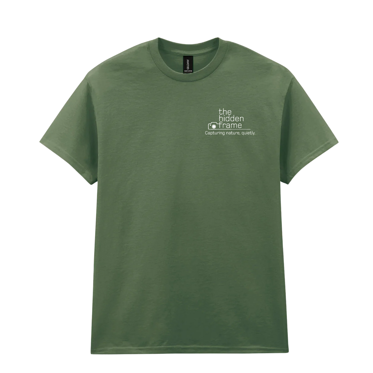Olive green short-sleeved t-shirt with a small white graphic logo on the left chest.