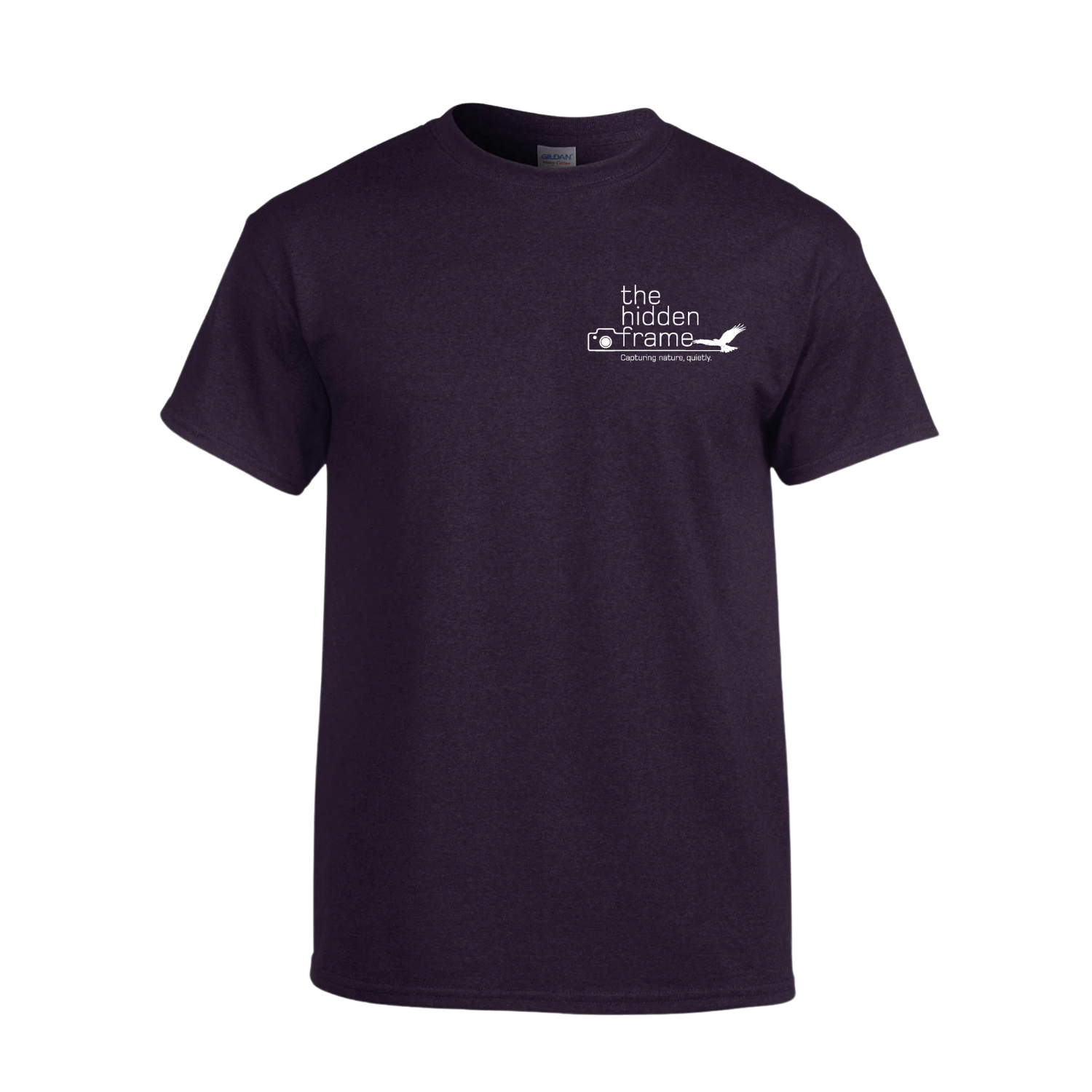 A dark purple short-sleeved t-shirt with a small white logo featuring text and a bird graphic on the left chest.