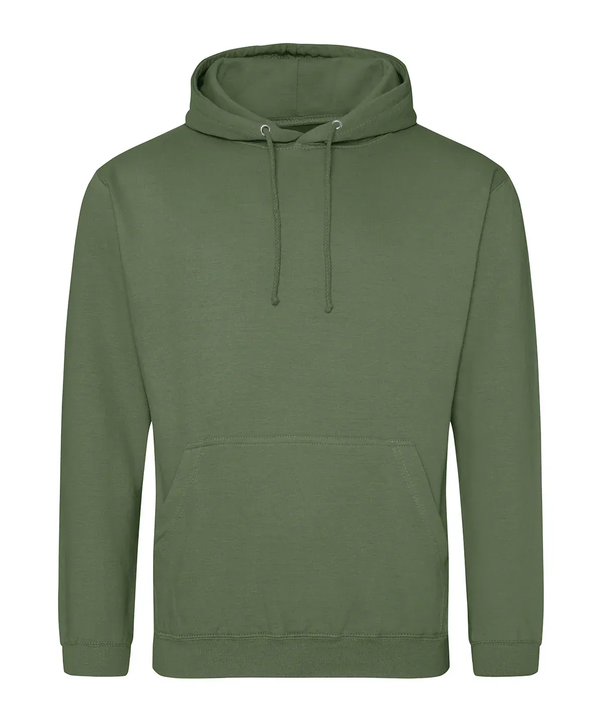 A plain, olive green hooded sweatshirt with a front kangaroo pocket and matching drawstrings against a white background.
