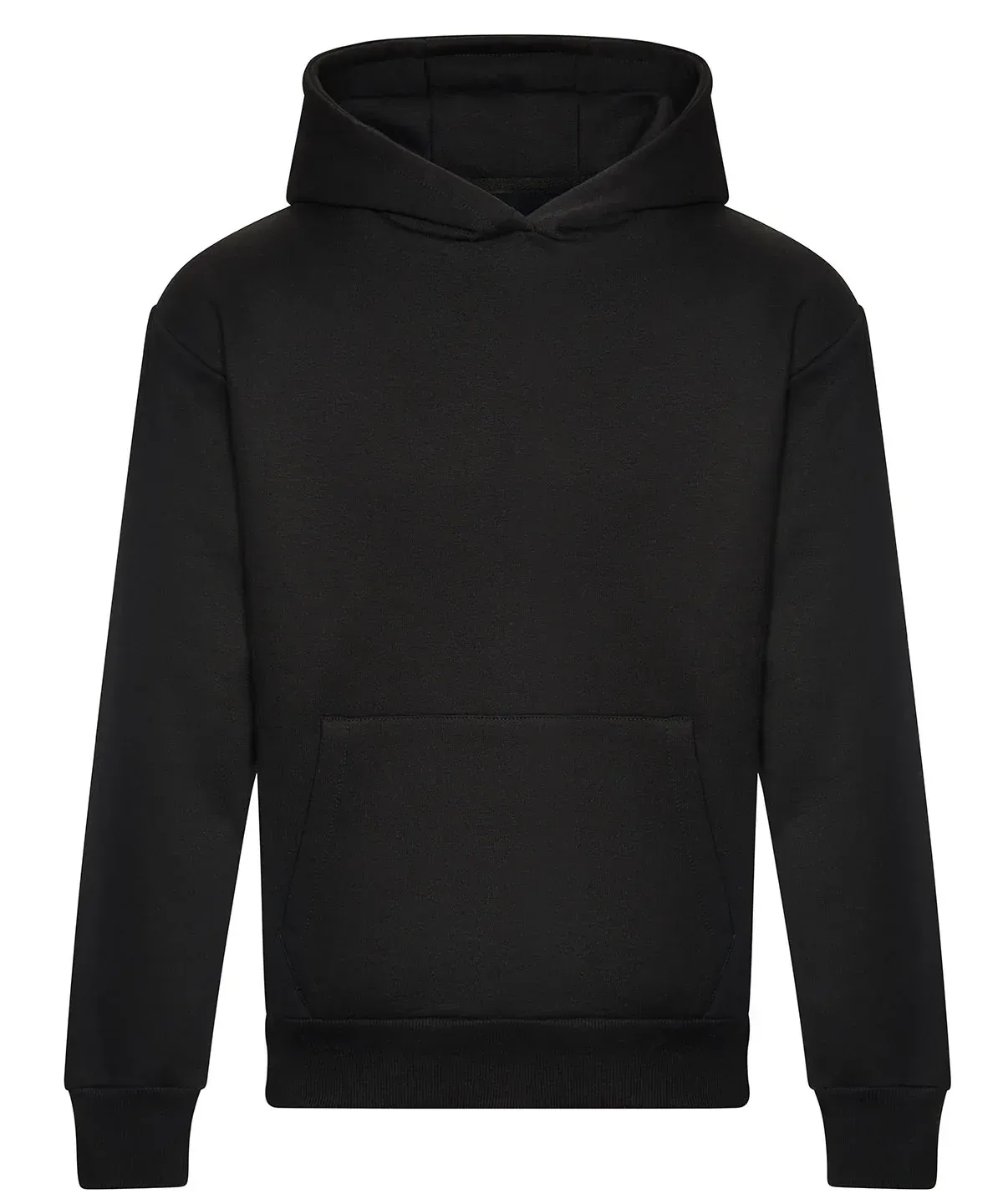 A plain black hooded sweatshirt with a front kangaroo pocket against a white background.