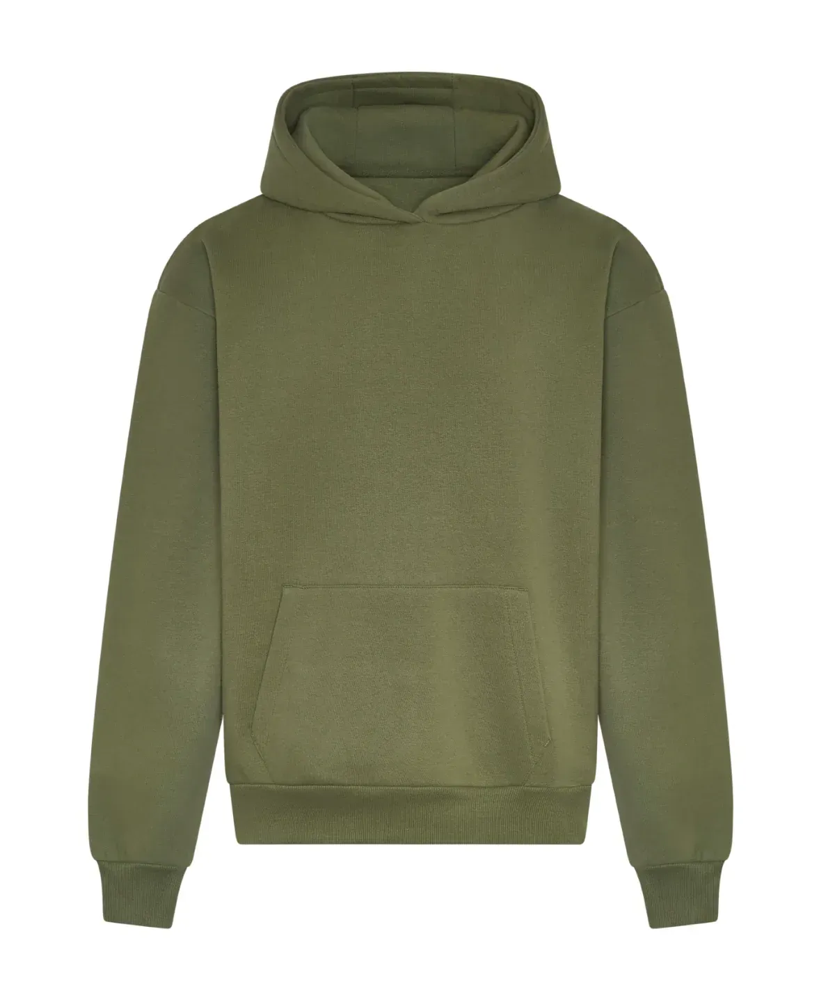 A solid olive green long-sleeve hooded sweatshirt with a front kangaroo pocket against a plain white background.