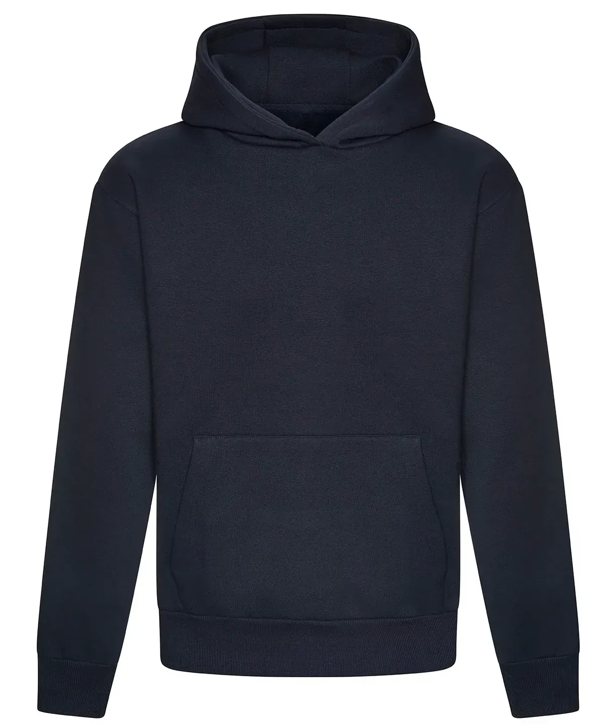 A plain navy blue long-sleeved hooded sweatshirt with a front kangaroo pocket against a white background.