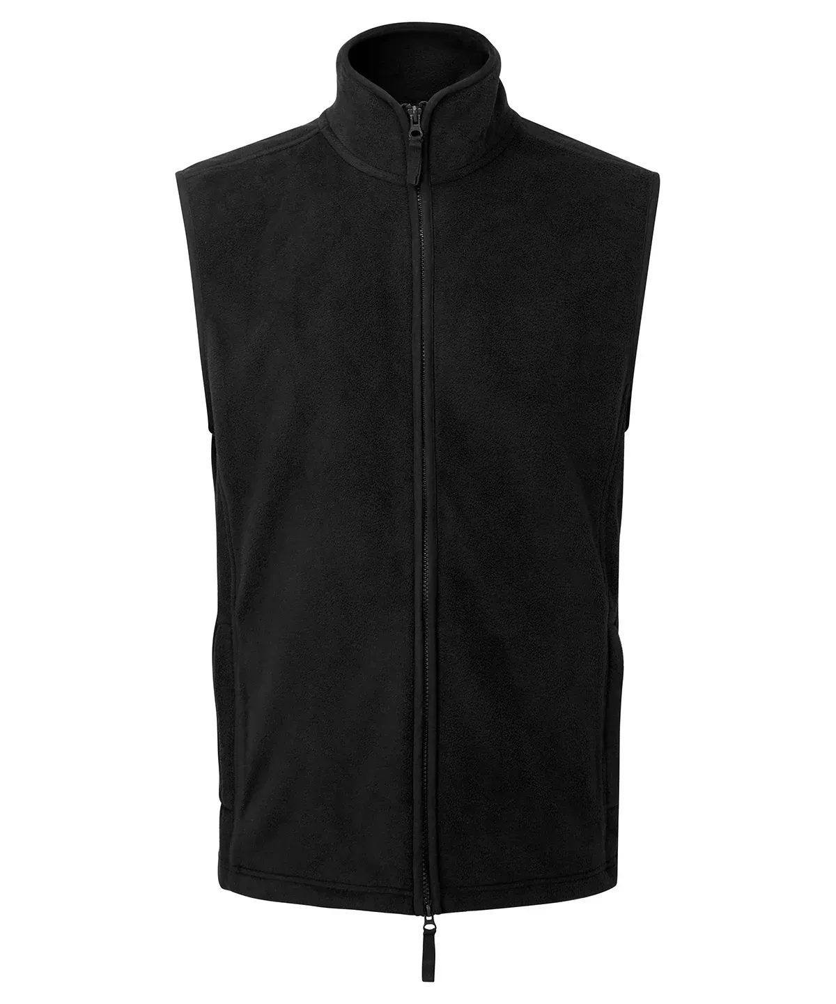 A plain, black fleece zip-up vest with a high collar, displayed against a white background.