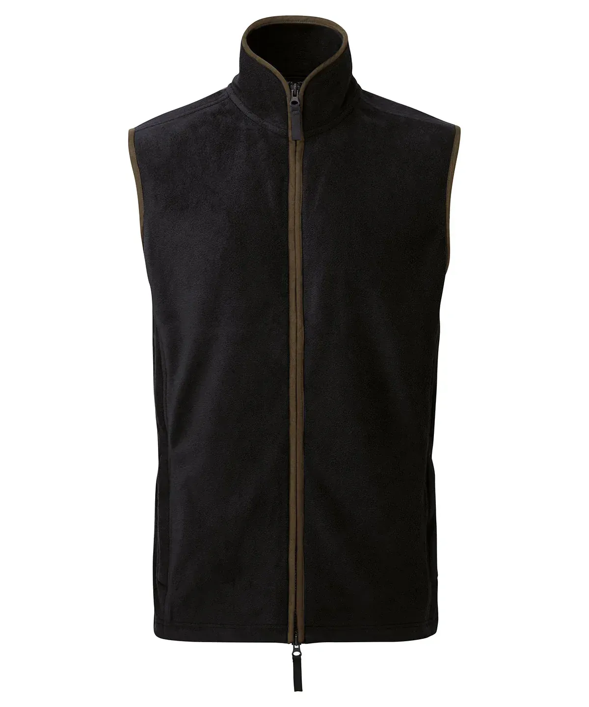 A dark charcoal fleece vest with a high collar and a contrasting brown zipper down the center.