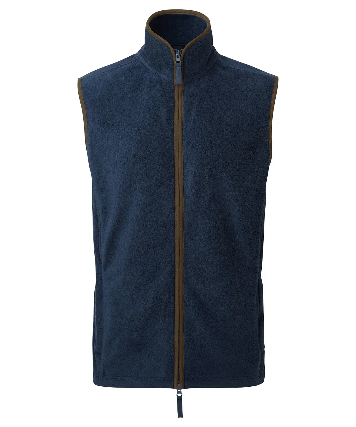A dark navy blue fleece vest with a brown full-length zipper and high collar.