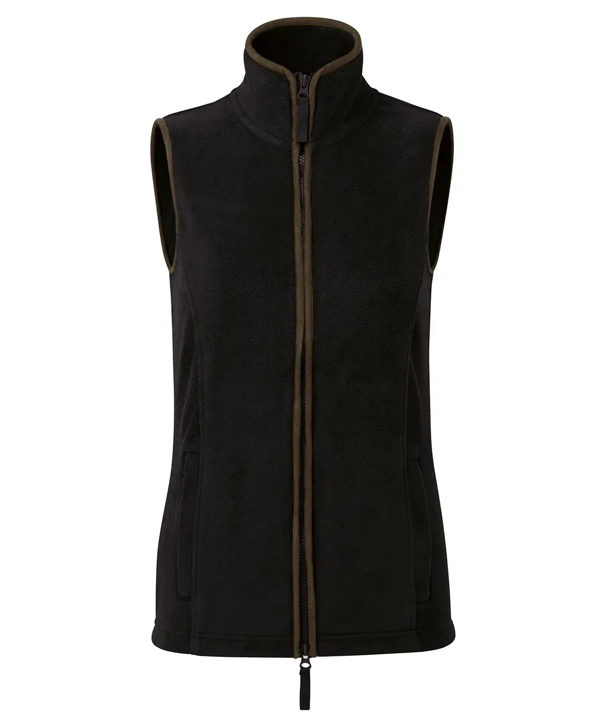 A black fleece vest with a high collar, full-length front zipper, and contrasting dark brown trim.