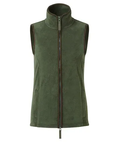 A dark olive green fleece vest with a stand-up collar and full-length brown zippered front closure.