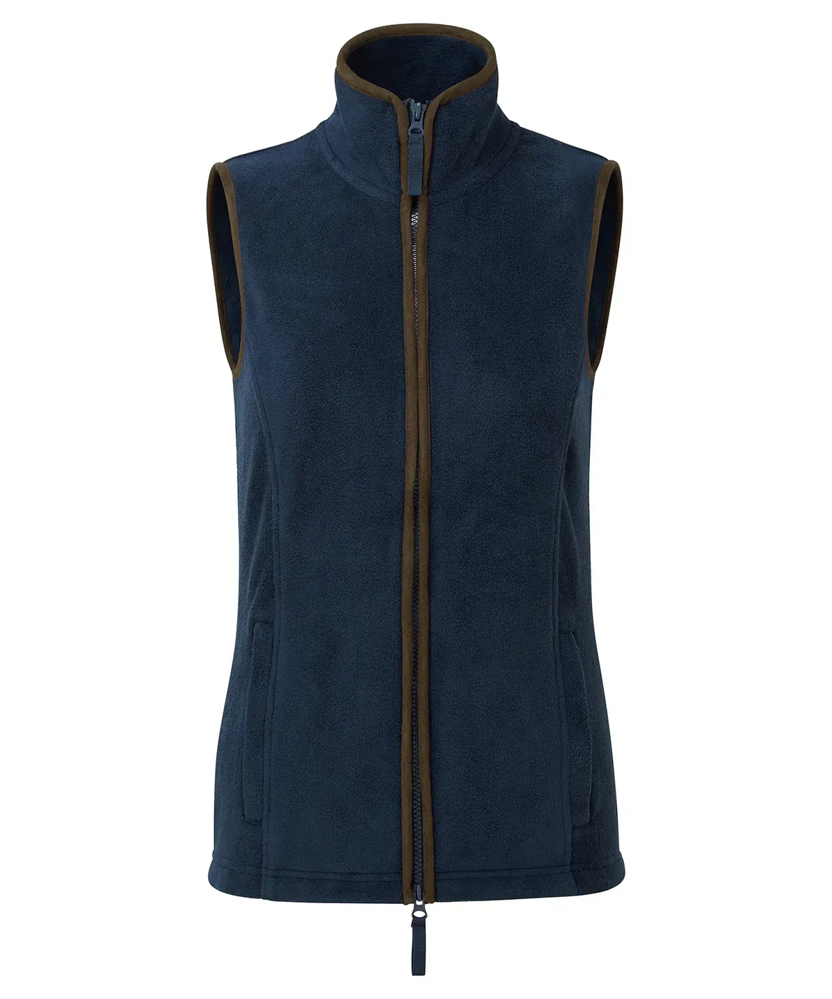 A dark navy fleece vest with a high collar and a contrasting brown front zipper, shown against a white background.