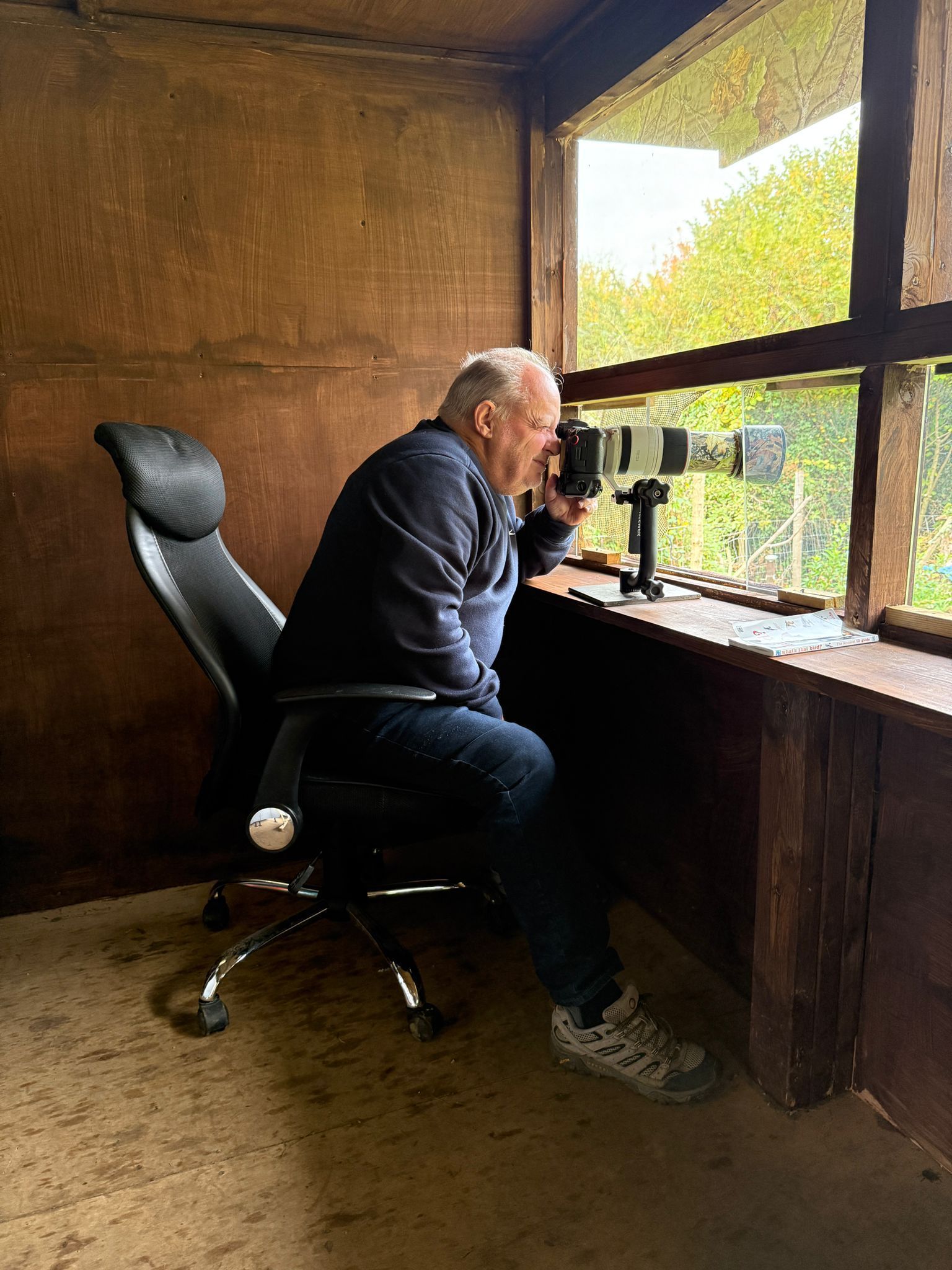 A person sits in an office chair in a wooden observation hide, looking through a tripod-mounted scope at a window.