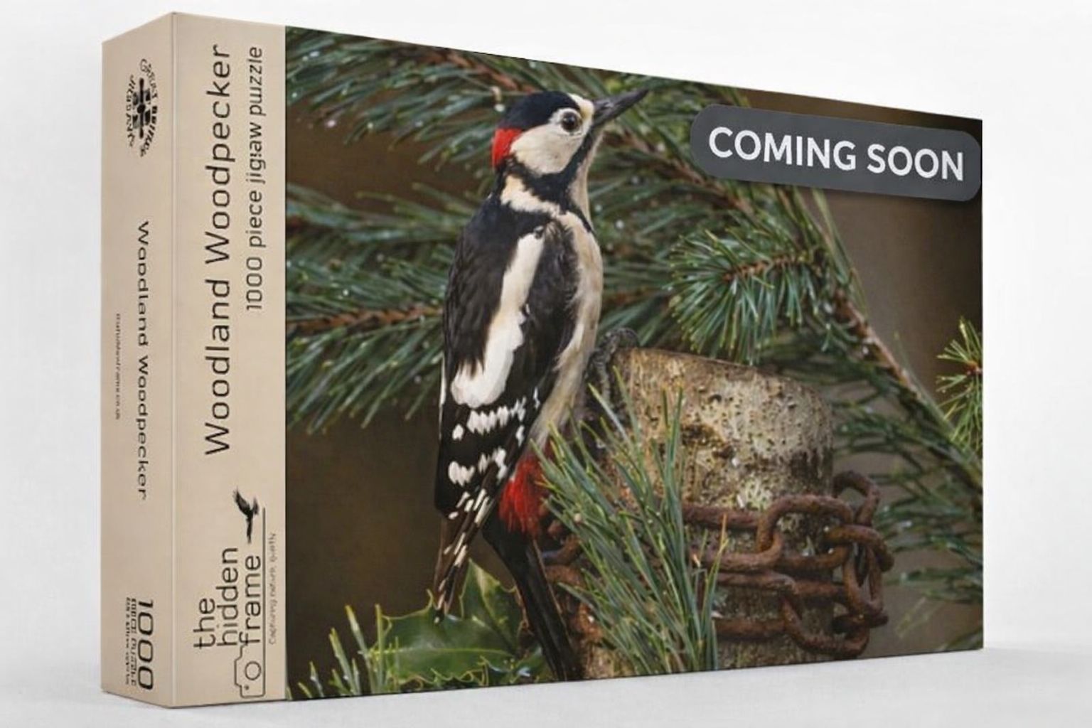 A puzzle box showing a woodpecker perched on a branch near pine needles, with the text