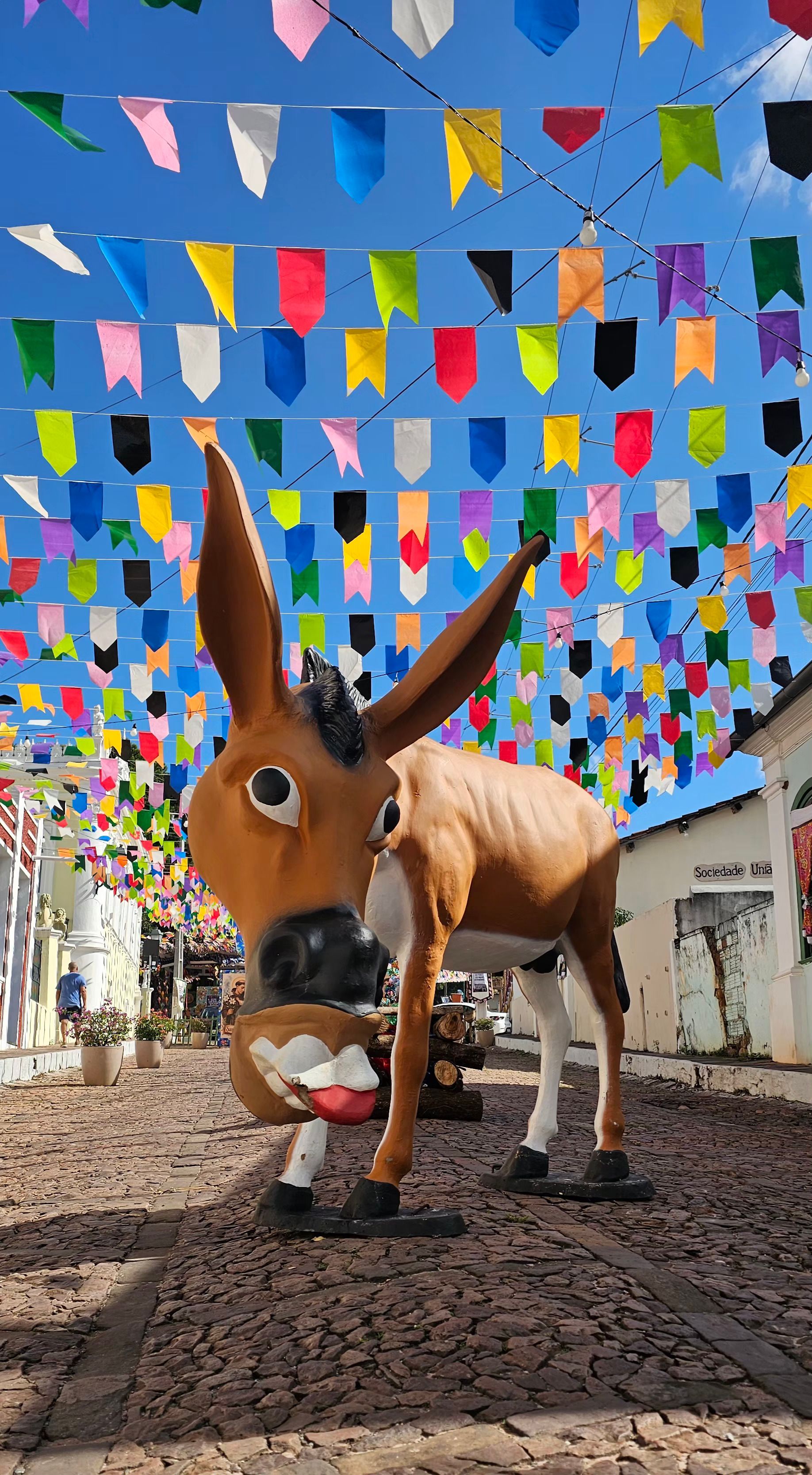 Grande estátua de burro sob bandeirinhas coloridas em uma rua ensolarada ao ar livre.