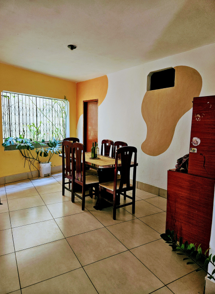 Sala de jantar com mesa de madeira, cadeiras, plantas na janela e um armário vermelho ao lado de uma parede com detalhes em creme.