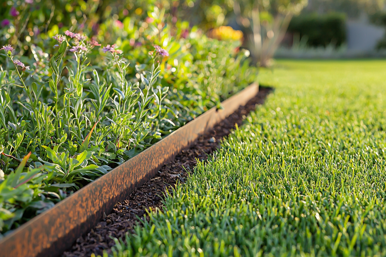Metal garden edging containing Kikuyu grass