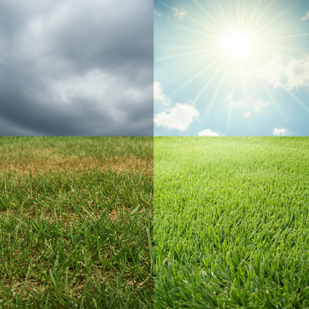 A grassy field with a cloudy sky and a sunny sky
