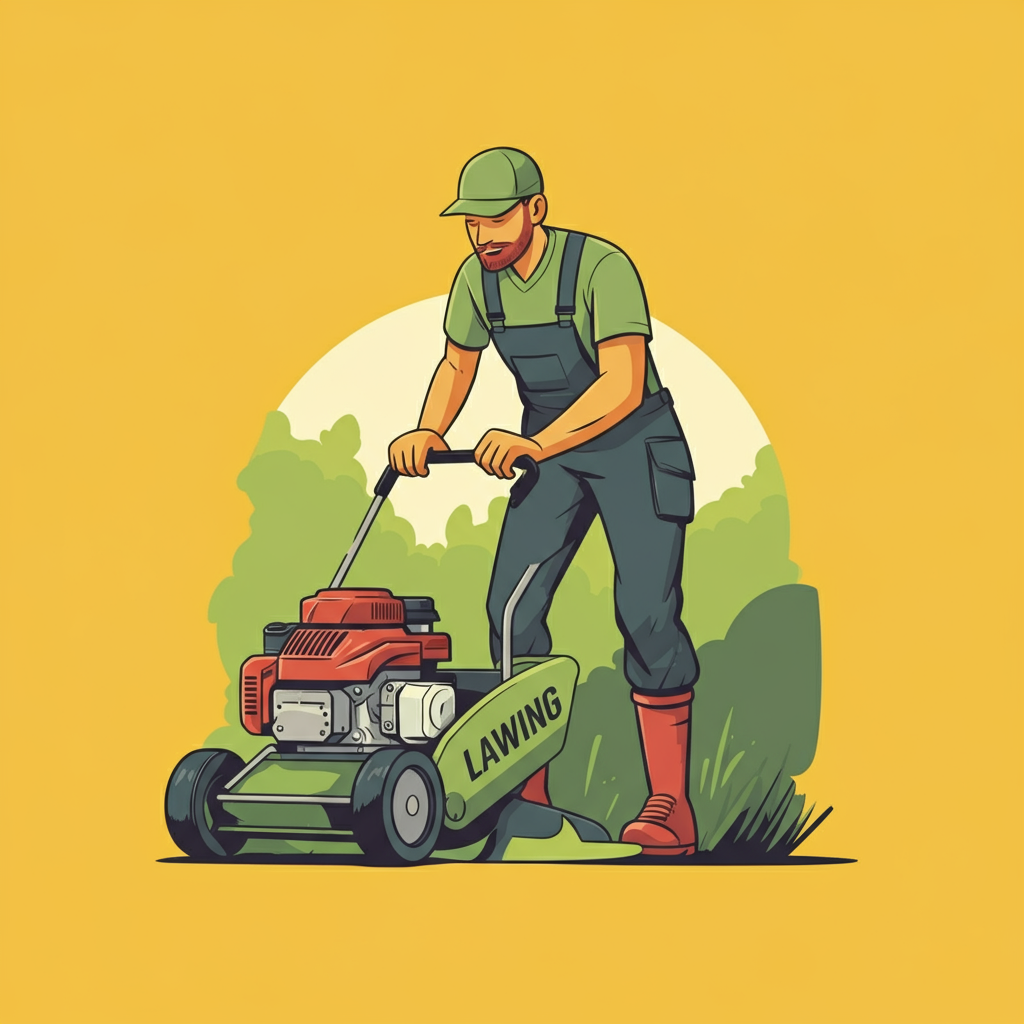 A man is cutting grass with a lawn mower.