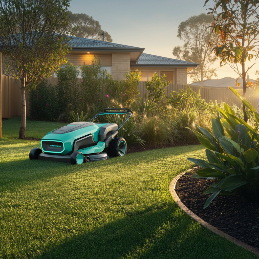 A green lawn mower is sitting on a lush green lawn in front of a house.