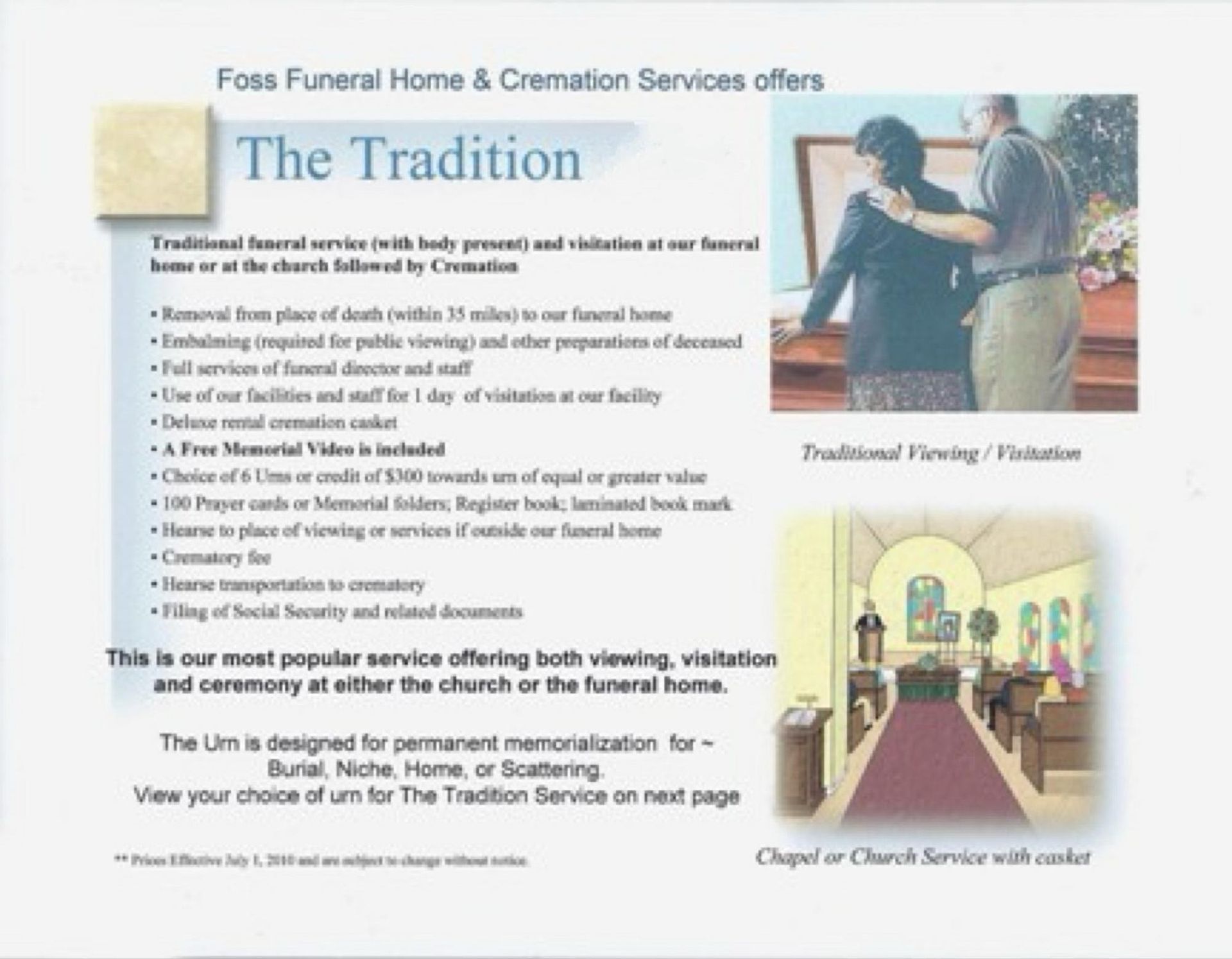 A brochure for Foss Funeral Home showing