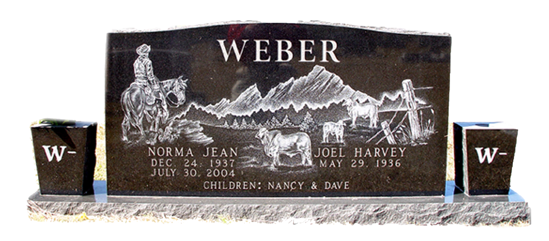 Black granite double tombstone for the Weber family, featuring an etched mountain scene, a rider, and two flower urns.
