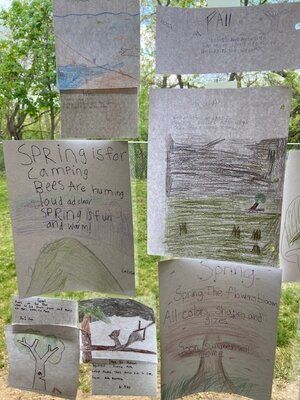 Handwritten environmental posters and drawings taped