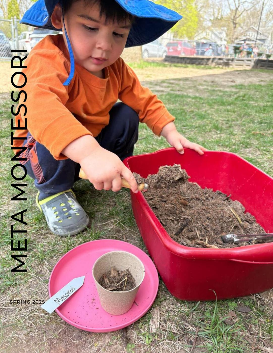 Montessori Child in blue hat using a spoon to dig soil in a red tub beside a small potted plant outdoors.