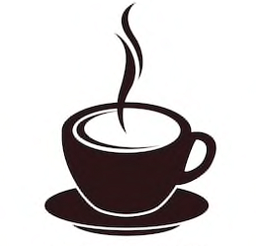 Stylized dark brown steaming coffee cup and saucer icon on a white background